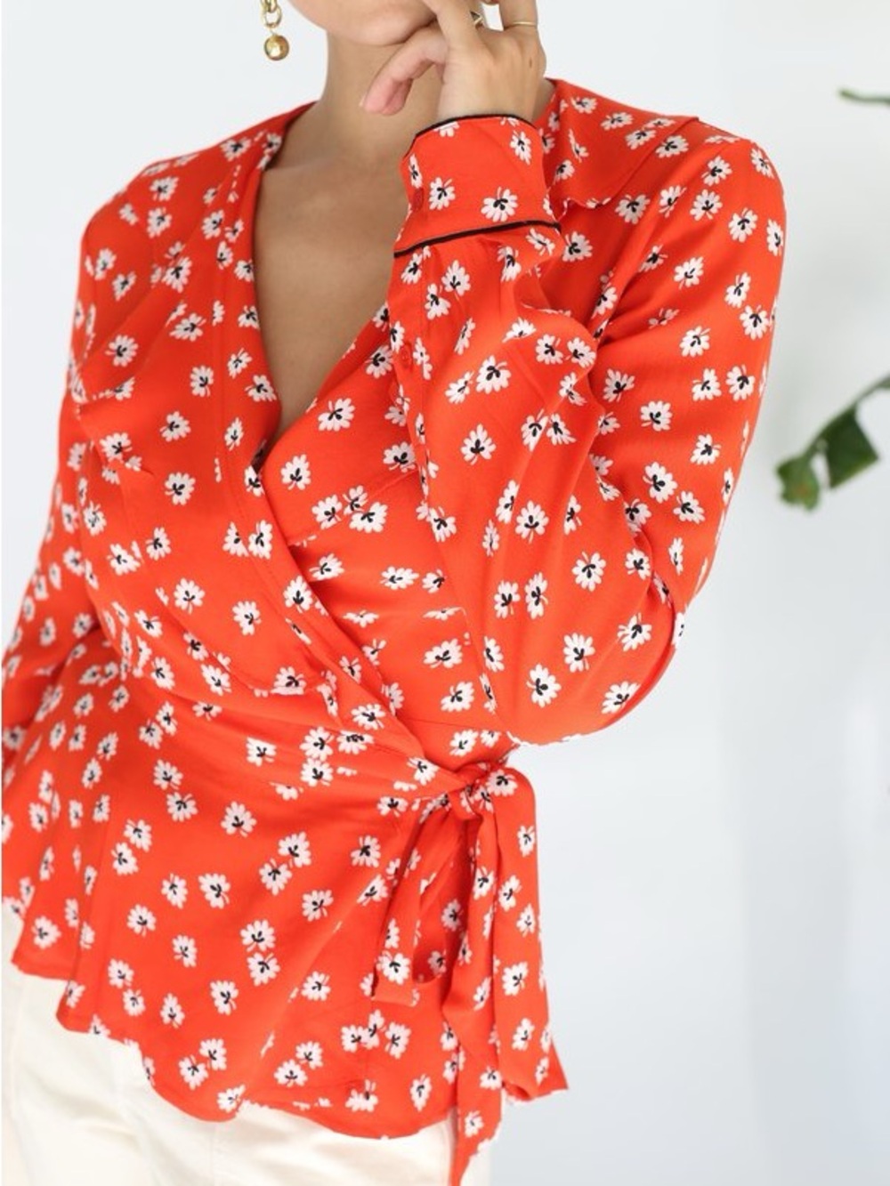 Ganni Red Floral Tie-Front Blouse